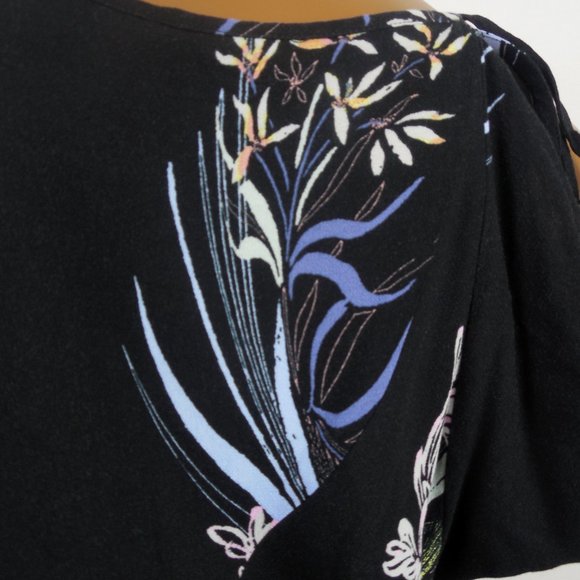 FREE PEOPLE Top M Black Floral Tunic Shirt Tie Cold Shoulder Long Sleeves Casual - Picture 10 of 13